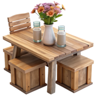 Wooden Table Set with Stools and Flowers png
