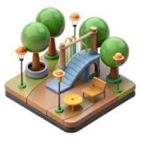 3D Isometric Park Scene Playground, Trees, and Benches png