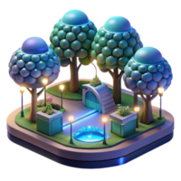Night Park 3D Render of Illuminated Pathway, Trees, and Pond png