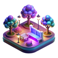 Night Park Scene 3D Render of Illuminated Bench, Trees, and Lamps png