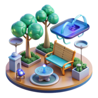 Relaxing Park Scene 3D Render of Fountain, Bench, and Trees png