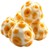 Round white and orange cheese balls with a porous texture resembling a honeycomb pattern png