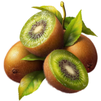 Ripe kiwifruit with fuzzy brown skin sliced open to reveal bright green flesh and tiny seeds png