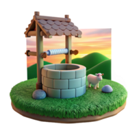 Sunset Pasture 3D Render of Well and Lamb png
