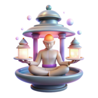 Serene Figure with Illuminated Lanterns in a Temple Setting png
