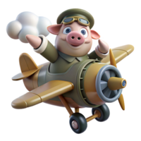 Pig Pilot Soaring in Vintage Airplane png
