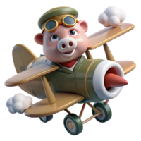 Pig Pilot Soaring in Vintage Biplane png