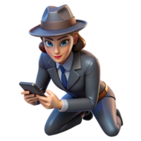 3D Cartoon Sleuth Investigating on Mobile png