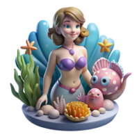 3D Render of Cute Mermaid in Shell Setting png