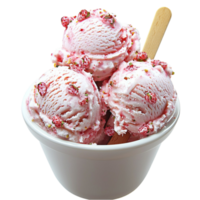 Cup of strawberry ice cream topped with crushed berries and a wooden spoon for easy enjoyment png