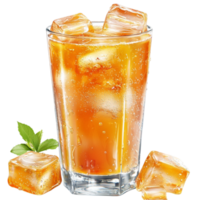 Refreshing iced tea in a tall glass with floating ice cubes and a sprig of mint for garnish png