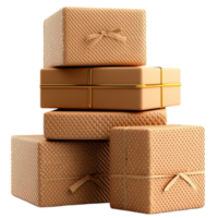 Stack of textured golden gift boxes with decorative bows in different sizes png