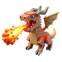 Fiery Dragon Cuboid Creature, Pixelated Design, Digital Art, 3D Model, Fantasy Game Asset png