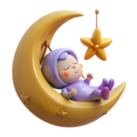 impressive classic 3D Render Sleeping Baby on Crescent Moon detailed png