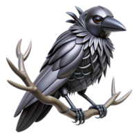 Metallic Raven Sculpture Robotic Bird on Branch png