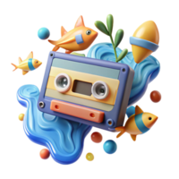 Retro Cassette Tape Summer Vibes Ocean Fun, 3D Render png