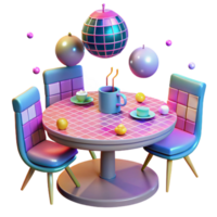 Retro Diner Table Scene 3D Render of Colorful Chairs and Drinks png