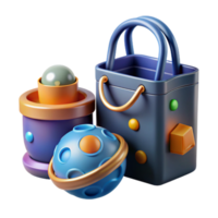 3D Render of Colorful, Cartoonish Objects Shopping Bag, Sphere, and Container png