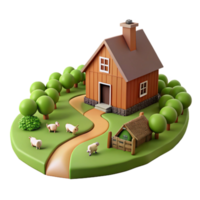 Farm House, Sheep, Trees, 3D Render, Rural Scene png