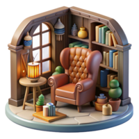Cozy Reading Nook 3D Render of Armchair, Bookshelf, and Lamp png