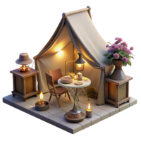 Romantic Camping Scene Illuminated Tent with Cozy Table Setting png