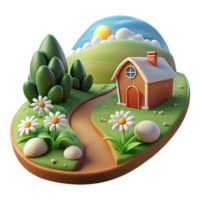 Cartoon Cottage on Hilltop 3D Render of Idyllic Landscape png