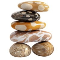 Balanced stack of smooth polished stones with intricate natural patterns png
