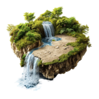 Floating island with a cascading waterfall and lush green trees on top png