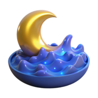 serene contemporary Golden Crescent Moon on Blue Waves 3D Render genuine png