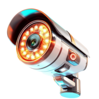 Surveillance camera with a glowing red lens and a metallic body is used for security png