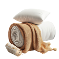 Set of neatly rolled blankets and pillows symbolizing coziness ation and home decor png