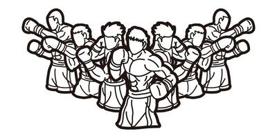 Boxing Sport Kickboxing Mix Action Muay Thai Group of Fighter Cartoon Graphic vector