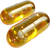 golden capsules filled with shimmering liquid floating in closeup view png