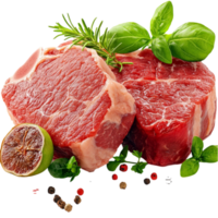 Fresh raw beef steak garnished with basil leaves black peppercorns and a sliced fig png