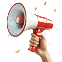 Megaphone with a red and white design is held by a hand for making announcements png
