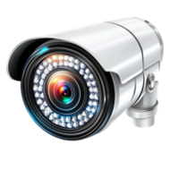 Hightech security camera with a sleek metallic body and a glowing infrared lens png
