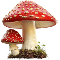 Mushroom with a red cap and white spots stands tall in a natural setting png