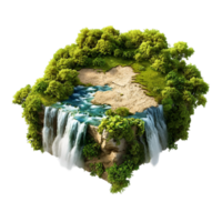 Miniature floating island with lush green trees rocky cliffs and a cascading waterfall png