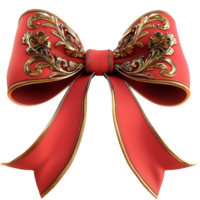 Luxurious red bow with golden ornate decorations and a silky smooth texture png