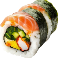 Fresh sushi roll wrapped in nori with salmon avocado crab and cucumber filling png