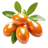 Cluster of ripe golden kumquats with smooth shiny skin and fresh green leaves attached png