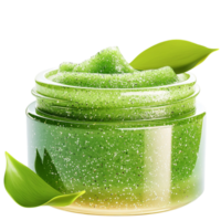 Refreshing green sugar scrub in a glass jar with tiny exfoliating beads and fresh leaves png