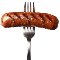 Grilled sausage pierced by a fork with a crispy browned surface and juicy texture png