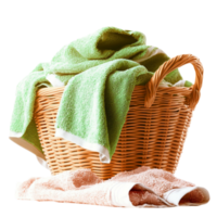 Neatly arranged wicker basket filled with plush towels and a soft green fabric draped over png