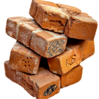 Stack of chocolate fudge cubes with a rich brown texture and visible chunks inside png
