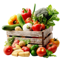 Wooden crate filled with fresh vegetables including tomatoes cucumbers and bell peppers png