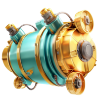 Futuristic gold and teal mechanical device with intricate gears and a hightech design png