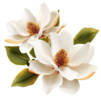 Delicate white magnolia flowers with soft petals and lush green leaves in full bloom png