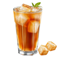 Chilled glass of iced tea with a golden hue and fresh mint leaves for a refreshing drink png