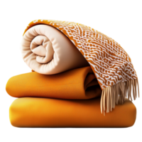 Cozy folded blankets with a soft woven texture and a decorative fringe on top png